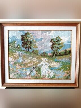 Vintage Framed Pastoral Needlepoint Art Print in Blue and Green